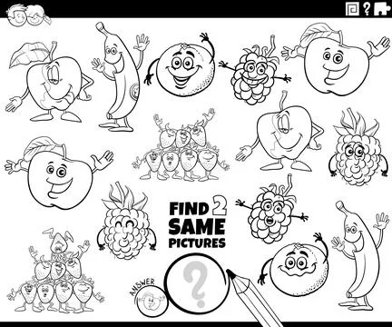 Find two same cartoon fruit activity coloring page Stock Illustration