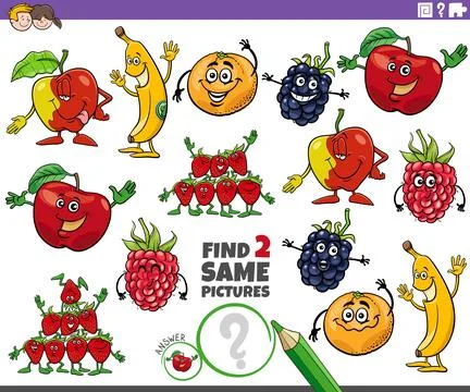 Find two same cartoon fruit educational activity Stock Illustration