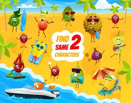Find two same cartoon fruits characters on beach Stock Illustration