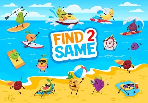 Find two same cartoon funny fruits on summer beach Stock Illustration