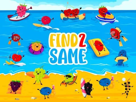 Find two same cartoon funny berry characters game Illustrazione stock