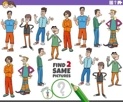 Find two same cartoon guys or men characters game Stock Illustration