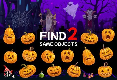 Find two same cartoon Halloween pumpkins game Stock Illustration