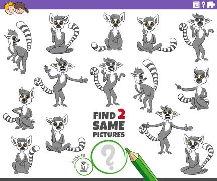 Find two same cartoon lemurs animal characters educational activity Stock Illustration