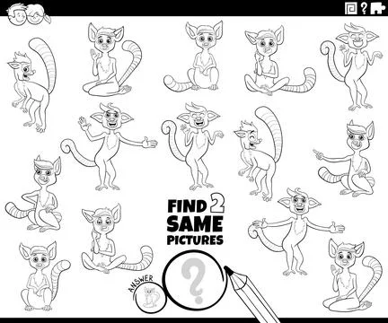 Find two same cartoon lemurs animal characters educational activity colorin.. Stock Illustration