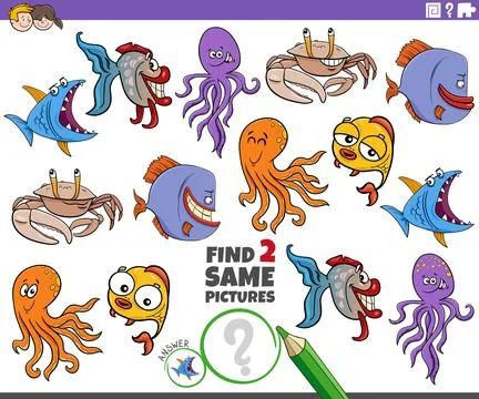 Find two same cartoon marine animals educational activity Stock Illustration
