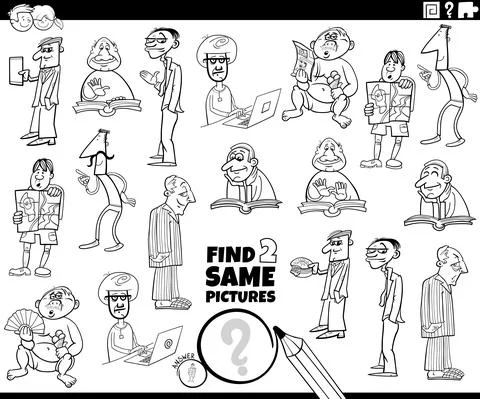 Find two same cartoon men characters task coloring book page Stock Illustration