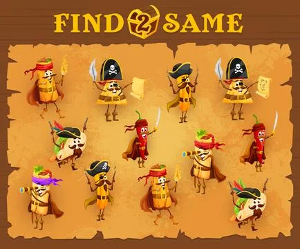 Find two same cartoon mexican food pirates game Stock Illustration