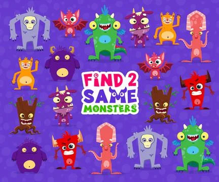 Find two same cartoon monster characters kids game Stockillustratie