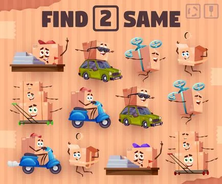 Find two same cartoon package box characters game Stock Illustration
