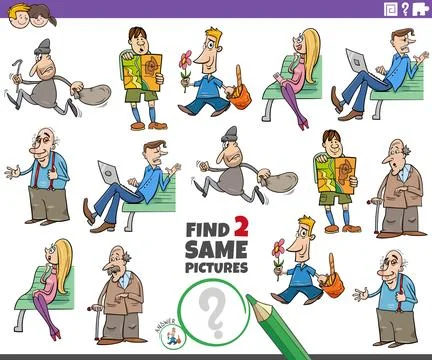 Find two same cartoon people characters educational game 库存插图