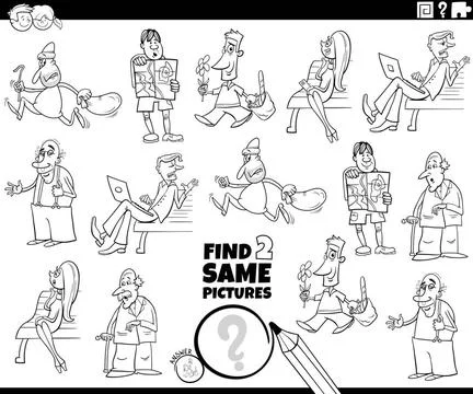 Find two same cartoon persons game coloring page Black and white cartoon i... Stock Photos