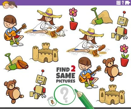 Find two same cartoon pictures educational task Stock Illustration