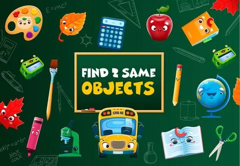 Find two same cartoon school stationery, kids game Stock Illustration