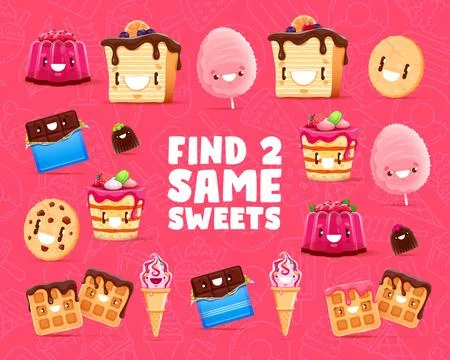 Find two same cartoon sweets ice cream and dessert Stock Illustration