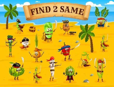 Find two same cartoon vegetable pirate puzzle game Illustrazione stock