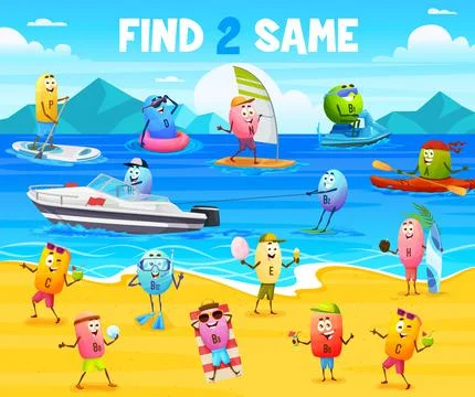 Find two same cartoon vitamin characters Stock Illustration