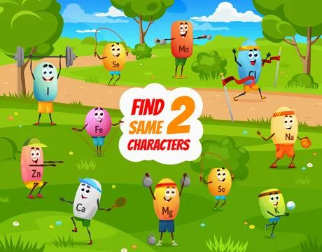 Find two same cartoon vitamin sportsman characters Stock Illustration