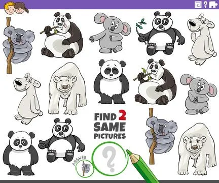 Find two same cartoon wild bears animal characters game 스톡 일러스트