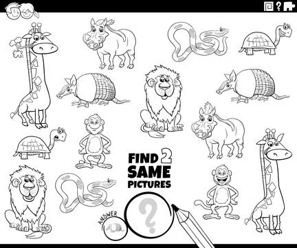 Find two same cartoon wild animals educational activity puzzle coloring page Stock Illustration