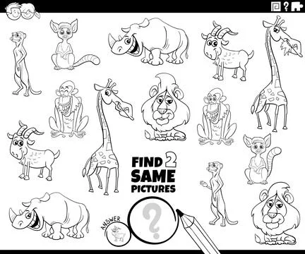 Find two same cartoon wild animals educational puzzle coloring page Stock Illustration