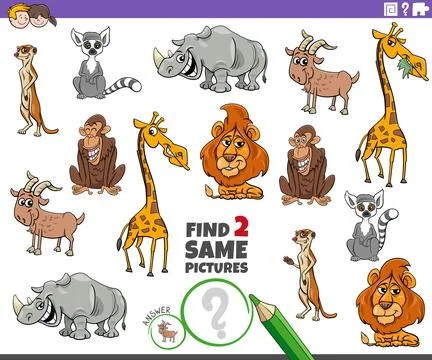 Find two same cartoon wild animals educational puzzle Stock Illustration