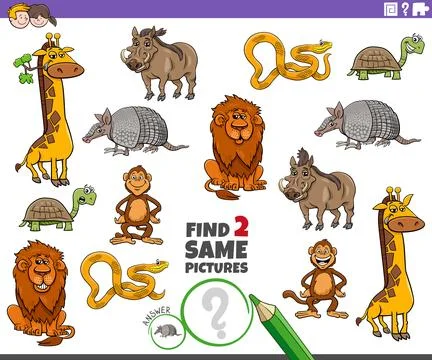 Find two same cartoon wild animals educational activity puzzle Stock Illustration