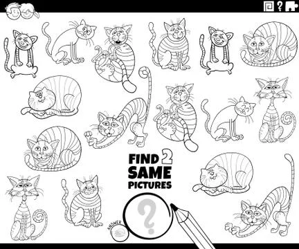 Find two same cats characters game color book Illustrazione stock