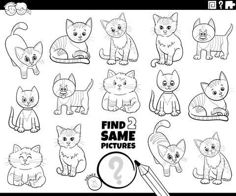 Find two same cats characters game coloring book page Stock Illustration