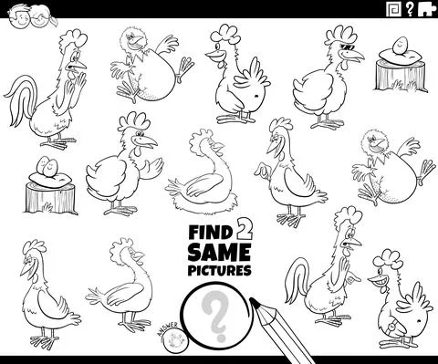 Find two same chicken characters task coloring book page Stock Illustration