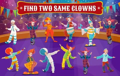 Find two same circus clowns, vector kids maze game 스톡 일러스트