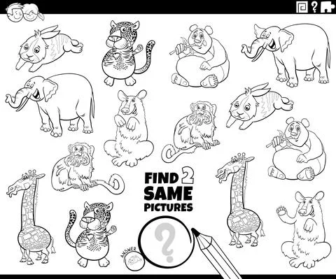 Find two same comic animals task coloring book page Stock Illustration
