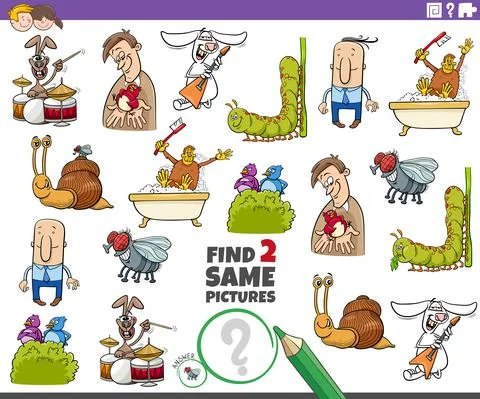 Find two same comic characters educational game Illustrazione stock