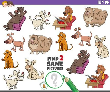 Find two same comic dog characters educational game Illustrazione stock