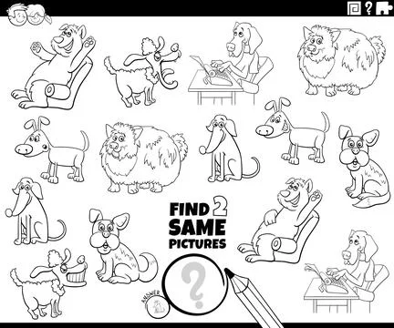 Find two same comic dog characters game coloring page Illustrazione stock