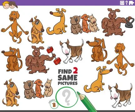 Find two same comic dog characters educational task Illustrazione stock