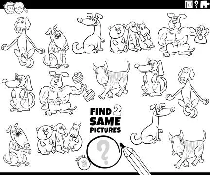 Find two same comic dog characters task coloring page Illustrazione stock