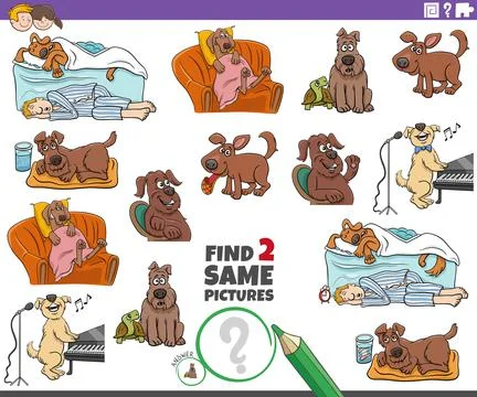 Find two same comic dog characters educational game Illustrazione stock