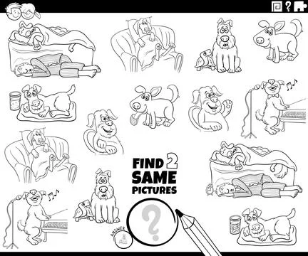Find two same comic dog characters game coloring page Illustrazione stock