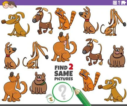 Find two same comic dog characters educational game Illustrazione stock