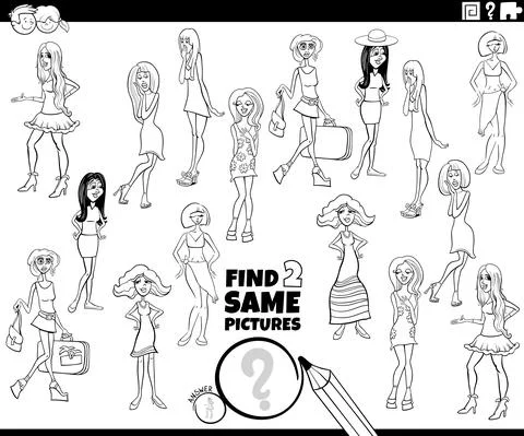 Find two same comic women characters game coloring book page Stock Illustration