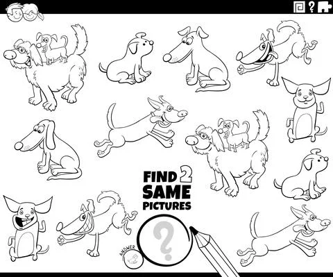 Find two same dog characters game coloring book page Illustrazione stock