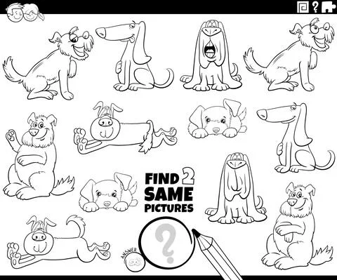 Find two same dog characters task coloring book page Illustrazione stock