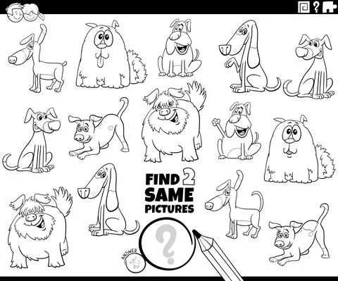 Find two same dog characters task coloring book page Illustrazione stock