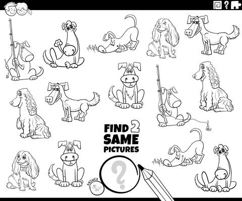 Find two same dog characters task coloring book page Illustrazione stock
