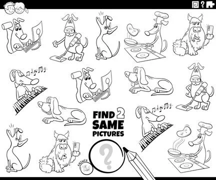 Find two same dog characters task coloring book page イラスト素材