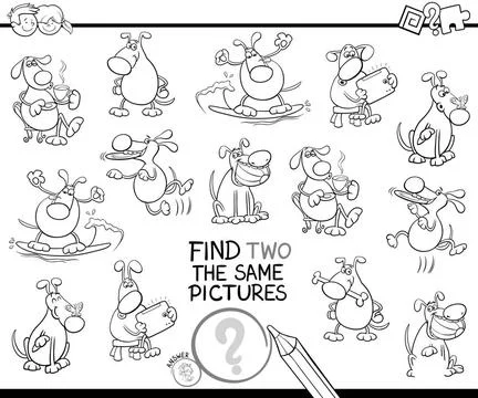Find two the same dog characters color book Black and White Cartoon Illust... Stock Photos
