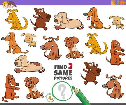 Find two same dog characters game for kids Cartoon Illustration of Finding... Stock Photos