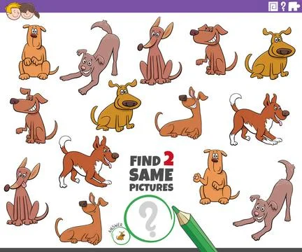 Find two same dog characters game for kids Cartoon Illustration of Finding... Stock Photos