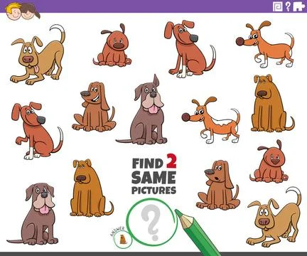 Find two same dog picture game for kids Cartoon Illustration of Finding Tw... Stock Photos